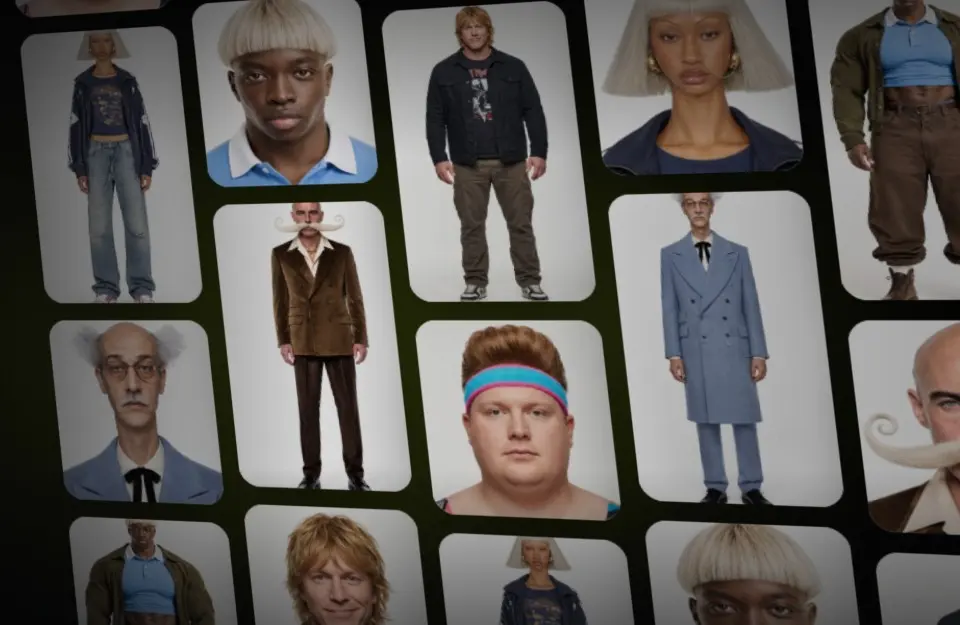 A grid of AI influencer character sheets, each with a locked face, body and outfit