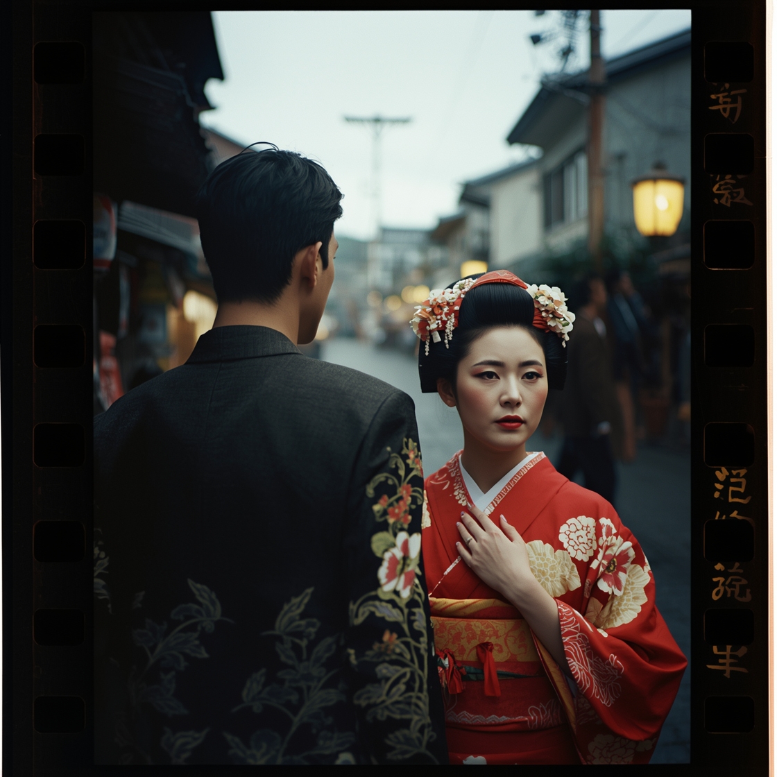 men with his wife in japan wearing kimono, cinematic still, anamorphic lens, dramatic key light, shallow depth of field, film grain