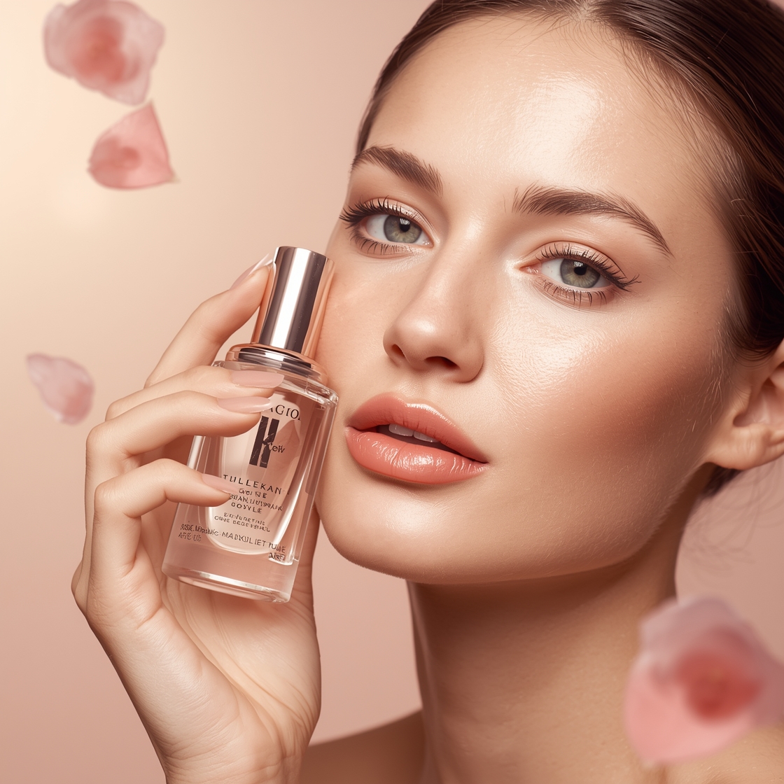 Luxury beauty brand advertising poster, elegant woman with glowing flawless skin holding a sleek glass skincare bottle near her face, soft natural makeup, dewy skin texture, minimalist composition, soft pastel background in blush pink and cream, golden hour lighting, delicate water droplets and flower petals floating around the product, high-end editorial photography, shallow depth of field, clean negative space at the top for brand name, premium and fresh aesthetic, ultra-detailed, 8k, commercial photography style

Negative prompt :

blurry, distorted face, extra fingers, oversaturated, cluttered background, text errors, watermark, low quality