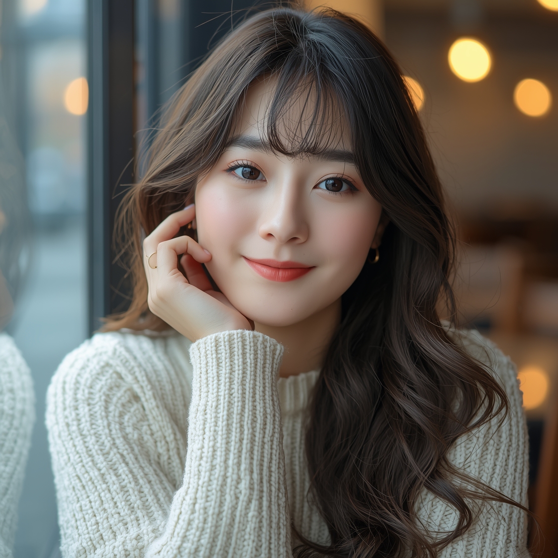 Ultra-realistic portrait of a beautiful Korean woman in her mid-20s, soft natural makeup, glowing dewy skin, warm friendly smile, long dark hair with soft waves and see-through bangs, wearing a cream knit sweater, sitting in a cozy Seoul café by the window, soft natural daylight, shallow depth of field, creamy bokeh background, shot on 85mm lens, f/1.8, cinematic color grading, sharp focus on the eyes, realistic skin texture with visible pores, 8k, editorial photography

Negative prompt:

cartoon, anime, plastic skin, over-smoothed face, distorted features, extra fingers, deformed hands, blurry, low quality, watermark, photorealistic, sharp focus, natural lighting, high detail