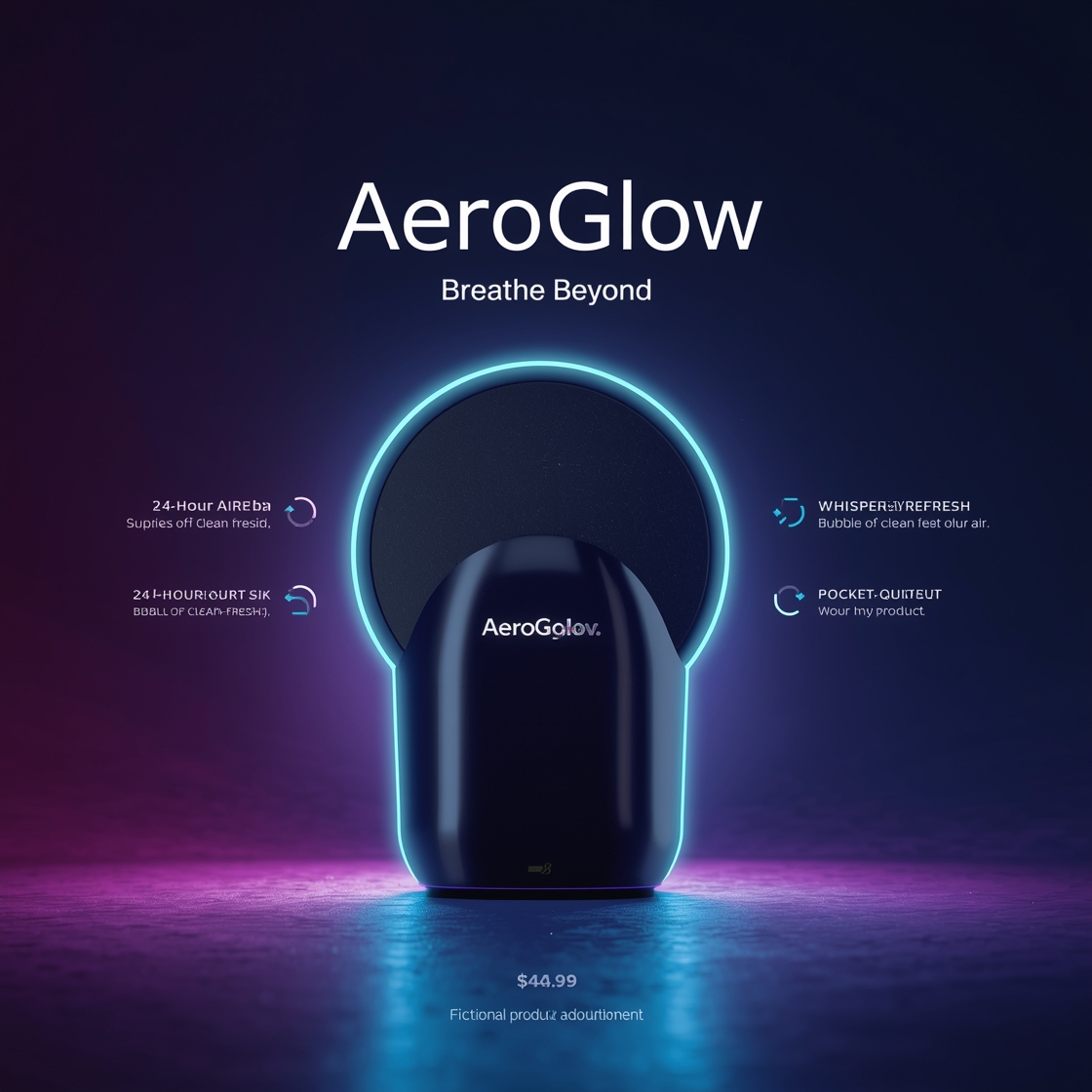 Create a polished, eye-catching advertising flyer for a completely fictional product called “AeroGlow,” a futuristic pocket-sized device that creates a soft personal bubble of clean, fresh air. Use a premium modern aesthetic with a deep navy-to-purple gradient background, glowing cyan accents, and a sleek product render prominently displayed in the center. Add the headline “Breathe Beyond.” Include fictional features such as “24-Hour Air Refresh,” “Whisper-Quiet,” and “Pocket Sized.” Add a fictional price of “$49.99” and a clearly visible small disclaimer: “Fictional product — concept advertisement.” Use clean sans-serif typography, strong visual hierarchy, realistic lighting, subtle reflections, and professional commercial-flyer composition. Make it look like a high-end technology brand advertisement, while ensuring all branding, logos, and product claims are fictional, studio product photography, seamless backdrop, soft box lighting, crisp reflections