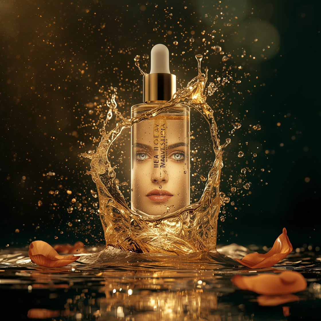 Surreal high-end beauty advertising poster, a luxurious glass serum bottle floating in mid-air at the center, exploding splash of golden liquid and shimmering particles swirling around it, rose petals and crystal-clear water droplets frozen in motion, a woman's glowing face emerging from the liquid splash with radiant luminous skin, dramatic cinematic lighting with gold and deep emerald tones, reflections and refractions through the glass, dark elegant background with soft glow, hyper-realistic, ultra-detailed textures, 8k, award-winning commercial photography, magical and luxurious atmosphere

Negative prompt :

blurry, distorted face, deformed bottle, cheap look, flat lighting, cluttered, text, watermark, low quality
