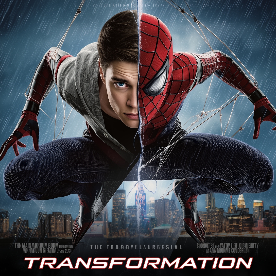 Cinematic movie poster, a young man mid-transformation into Spider-Man, split composition: left side ordinary human in a casual hoodie and jeans, right side covered by the red and blue Spider-Man suit with black web pattern, the suit spreading over his body like living fabric, glowing web threads weaving across his skin, one eye human and the other the white Spider-Man lens, dramatic low-angle shot, New York skyline at night behind him, rain, neon reflections, volumetric lighting, lens flare, intense emotion, hyper-detailed, photorealistic, epic blockbuster poster style, bold title text "TRANSFORMATION" at the bottom

Negative prompt :
blurry, deformed hands, extra limbs, distorted face, low quality, watermark, cinematic still, anamorphic lens, dramatic key light, shallow depth of field, film grain