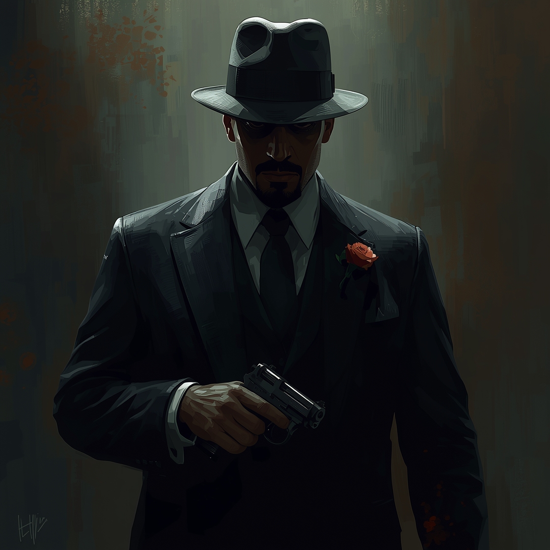 a mafia men, concept art, painterly rendering, strong silhouette, moody atmosphere