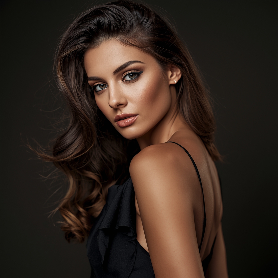 Portrait photo d'une jeune femme séduisante et élégante, regard confiant et magnétique, tenue sophistiquée (robe ajustée ou tailleur moderne), coiffure soignée, maquillage glamour, éclairage cinématographique avec contrastes doux, pose naturelle et charismatique, fond urbain nocturne ou studio épuré, style photographie de mode haut de gamme, très haute qualité, détails nets, photorealistic, sharp focus, natural lighting, high detail