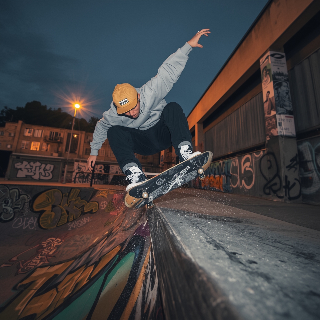 Photo d'action d'un skateur en pleine performance, réalisant un trick aérien (ollie ou kickflip) au-dessus d'une rampe ou d'un escalier urbain, tenue streetwear (casquette, hoodie oversize, sneakers), skateboard visible sous les pieds, arrière-plan urbain (graffiti, béton, skatepark), éclairage golden hour ou néon nocturne, angle de prise de vue dynamique (contre-plongée), sensation de mouvement et d'énergie, style photographie sportive haute résolution, détails nets sur les éclaboussures de poussière ou la trajectoire du skate.